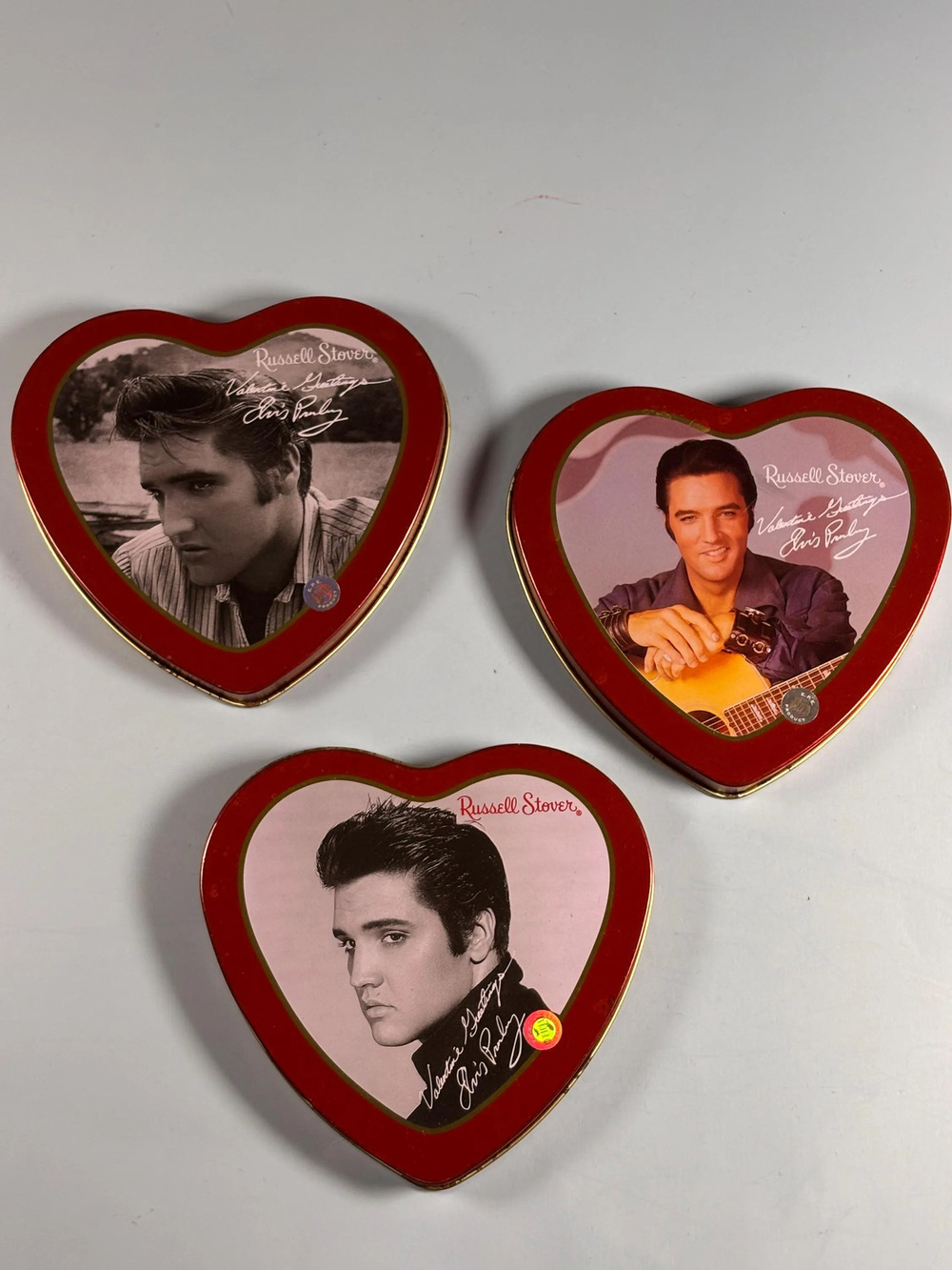 Lot of 3 Elvis Presley Russell Stover Christmas Candy Tin Vintage Heart Shaped